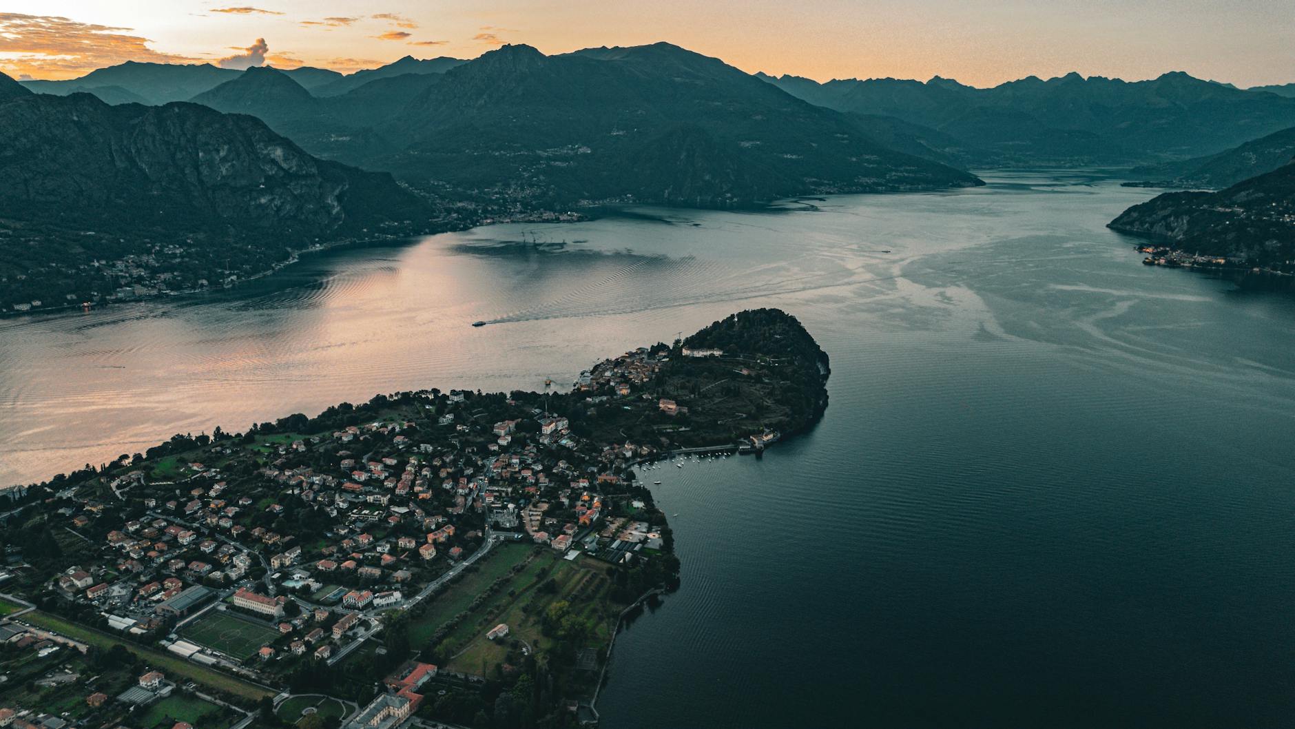 aerial view of bellagio at lake como sunset