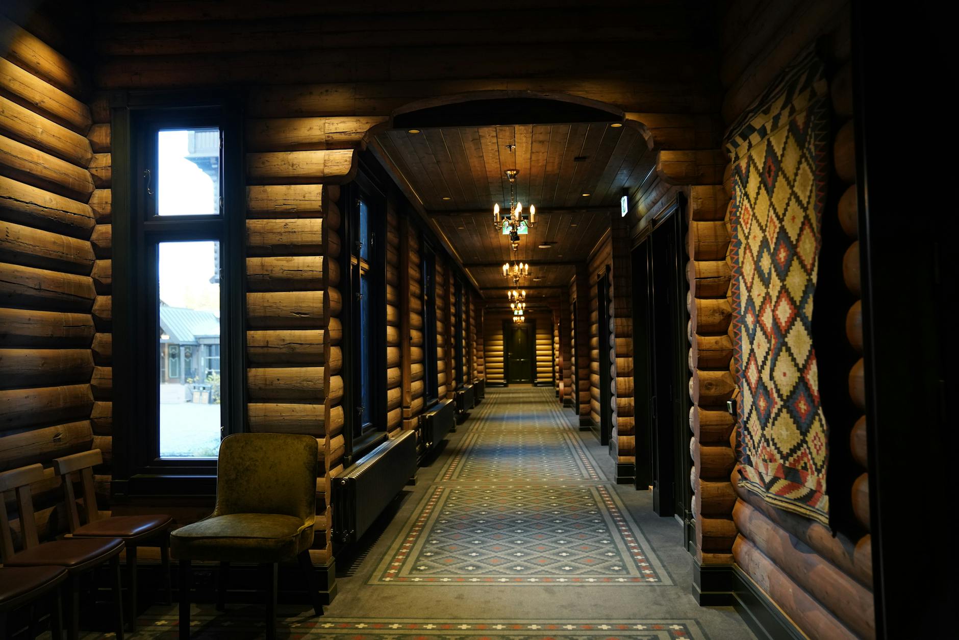 vintage wooden hallway with decorative carpet